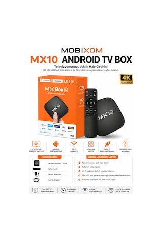 Mx10 Android Tv Box 4k Ultra Hd Medya Oynatıcı + Kumandalı Smart Tv Box