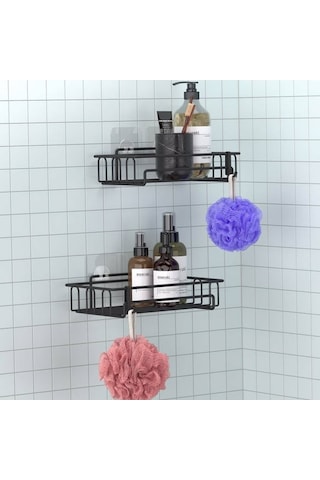 Banyo Düzenleyici Yapışkanlı Metal Banyo Ve Dolap Rafı İkili Duş Rafı Organizer Şampuanlık Mat Siyah-gnrl242 Siyah