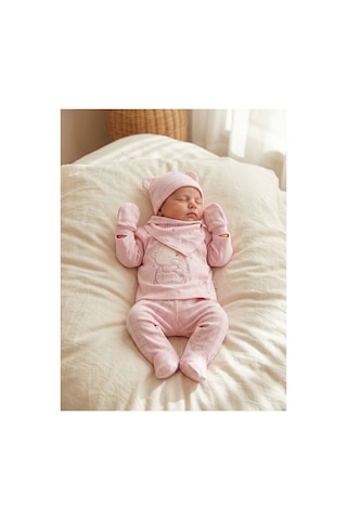 Bambık Gaye Bebe Ayı Figürlü %100 Pamuk 5'li Bebek Takımı Patikli Alt, Üst, Önlük, Eldiven, Bere Pembe Pembe