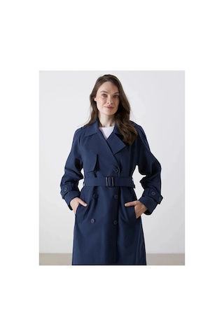 Lc Waikiki Lcw Modest Lacivert Kruvaze Yaka Oversize Kadın Trençkot Navy