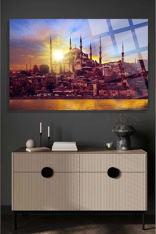 İstanbul Gün Batımı Cami Manzarası 4mm Kırılmaz Temperli Yüksek Çözünürlüklü Cam Tablo