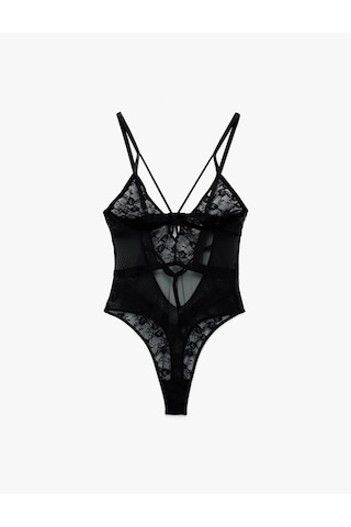 Koton Derin V Yaka İnce Askılı Transparan Dantelli Bodysuit Siyah 6wlk00004mk Siyah
