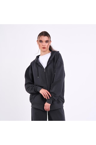 MMetalic Antrasit Kanguru Cepli Kapüşonlu Fermuarlı Oversize Kadın Sweatshirt Antrasit