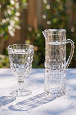 Akrilik Allegra Şeffaf 7 Parça Kadeh & Su Meşrubat Kahve Yanı Bardağı 450 Ml Ve Akrilik Allegra Şeffaf 1,5 Lt Sürahi Cam Değildir