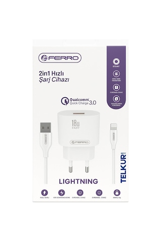 Ferro W22 Qualcom Apple Uyumlu iPhone 18w 3.0 Lightning Hızlı Şarj Seti