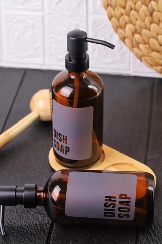 2'li Amber Cam Sıvı Sabunluk Seti Standlı Gri Etiketli