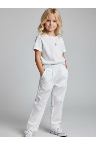 Zekids Kız Çocuk Yumuşak Dokulu Yüksek Bel Pantolon-17008 Beyaz