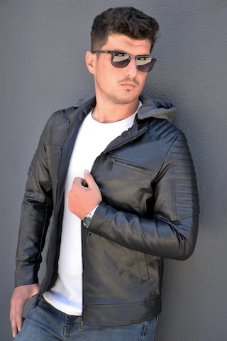 Prifaldi Erkek Kapüşonlu Deri Mont Siyah(554875697)