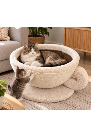 Pureza Kahve Fincanı Tasarımlı Kedi Yatağı & Sisal Tırmalama Yüzeyli Dekoratif Peluş Kedi Evi