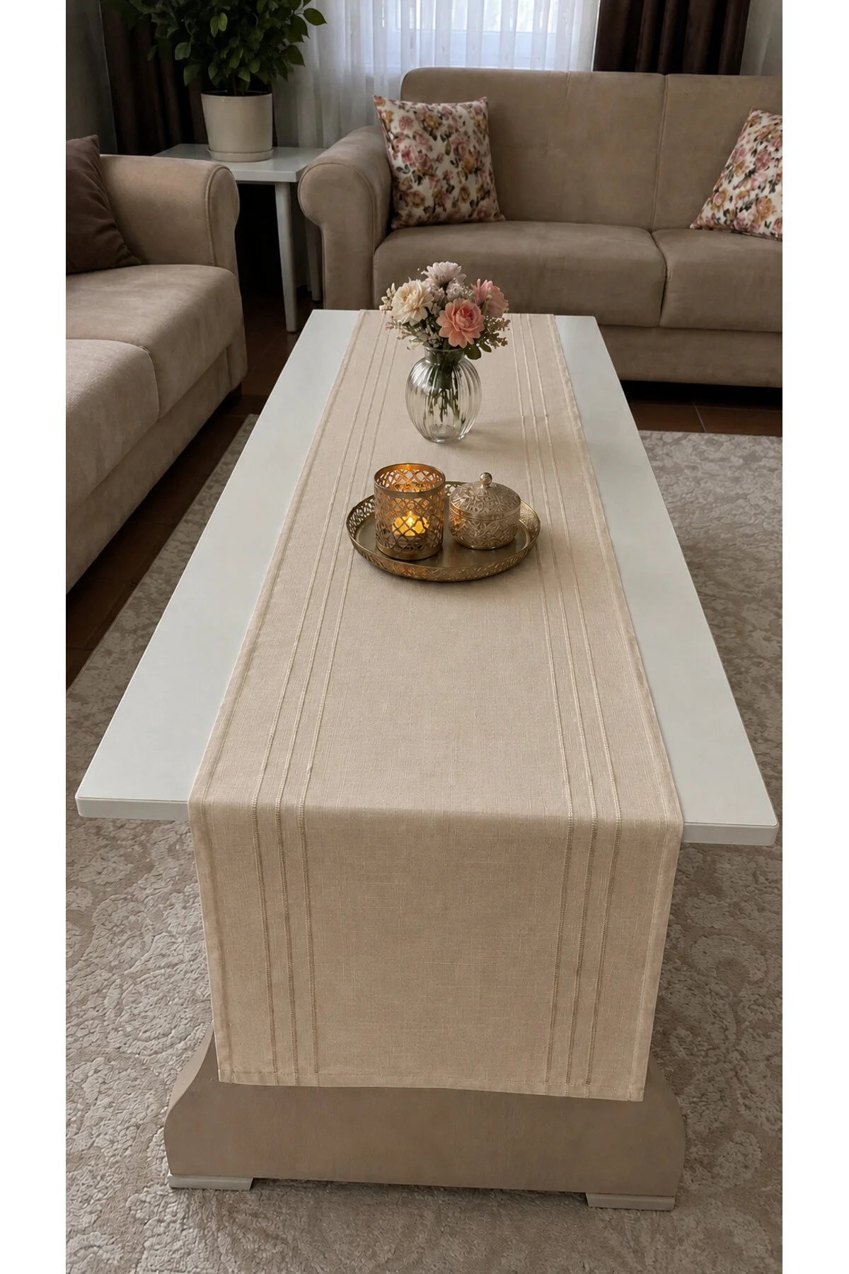 %100 Polyester Dertsiz Leke Tutmaz Şerit Desenli Runner Masa Örtüsü 34x200 Cm Bej