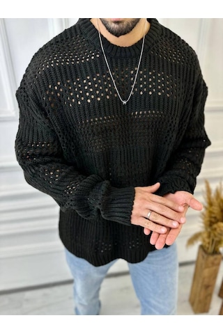 Elku Moda Kazak Oversize Özel Örme Tasarım Naturel Pamuk Bol Kesim Tüylenmez Triko Kazak Siyah