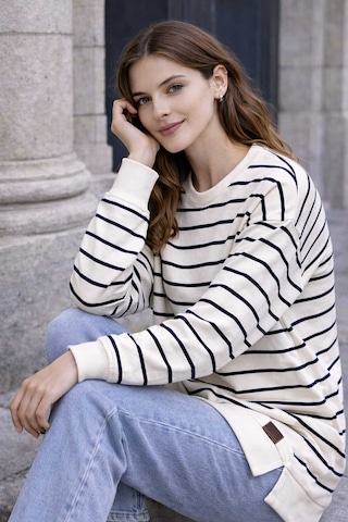 Tenra Oversize Geniş Kalıp Kadın Sweatshirt Bisiklet Yaka Basic Çizgili Lacivert