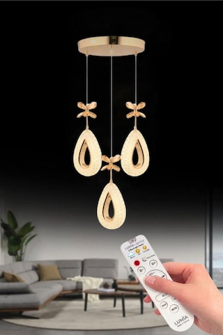 LumiaLighting Damla Model 3'lü Gold Kumandalı 3 Renk Modu Ledli Kristal Taşlı Modern Salon Mutfak Oturma Odası Led Avize Altın