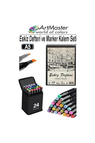 A5 Eskiz Defteri 50 Yaprak 100 Gr 1 Adet 24 Renk Marker Kalem Çift Taraflı Touch Çift Uçlu Eskiz Defteri Boya Seti