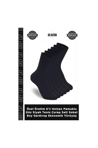 Grey Cat Özel Üretim 6'lı Unisex Pamuklu Düz Siyah Tenis Çorap Seti Soket Boy Gardırop Ekonomik Yürüyüş 6 Çift Siyah