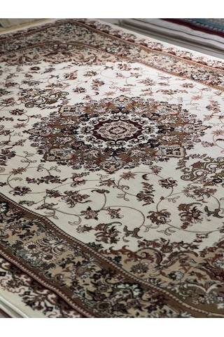 Asaryün Halı Ipek H3809c Krem Bej İpeksi Geleneksel Renkli Göbekli Klasik Desen Salon Halısı Modern Renkli