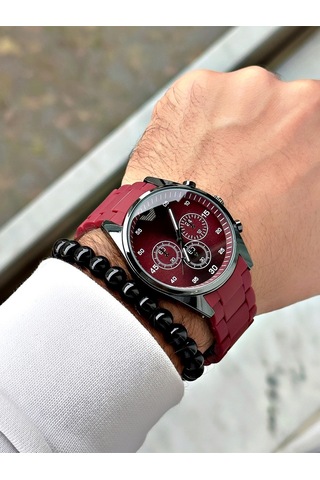 Premium Tasarım Silikon Kordon Exclusive Serisi Metal Kasa Erkek Kol Saati-bileklik Hediyeli Kırmızı