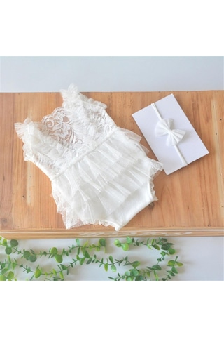 Bebek Fotoğraf Giysileri Dantel Romper Bowknot Saç Bandı Kıyafet Doğum Fotoğrafçılık Props Kostüm Giyim Bebek Tedarik Beyaz