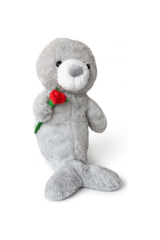 Pl50252 40 Cm Fok Gül Tutan Peluş Fok Oyuncak Gri
