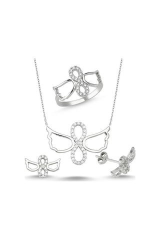 Kanatlı Sonsuzluk Taşlı Gümüş Kolye Küpe Yüzük Seti Wss06