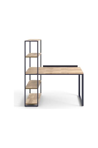 Dou Metal Raflı Masif Panel Doğal Ahşap Çalışma Masası Siyah