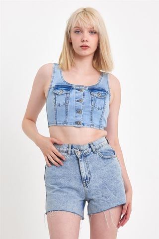 Kadın Önü Düğmeli Cep Detaylı Askılı Denim Crop Açık Mavi