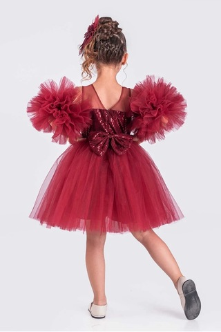 Kız Çocuk Abiye Elbise Ponpon Kol Pul Payetli Tütülü Bordo