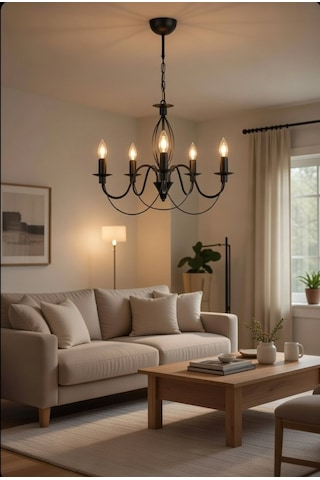 Modern Çakra 5li Siyah E14 Duy Avize, Salon, Oturmaodası, Mağaza, Butik, Cafe, Restorand