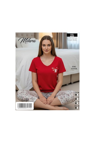 Mi Hra Mihra Kadın Viskon V Yaka Kısa Kol Kapri Likralı Pijama Takımı 40111k - 1 Adet Kırmızı