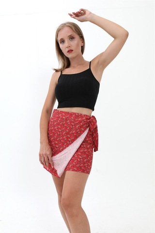 Çiçek Desenli Yandan Bağlamalı Etek - Kırmızı-kırmızı Kırmızı