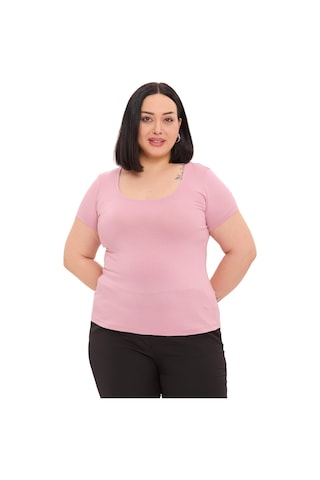 Disentis Büyük Beden U Yaka Kısa Kollu Viskon Pembe Body Pembe
