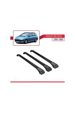 Peugeot 206 Estate 2002-2008 Arası İle Uyumlu Ace-1 Ara Atkı Tavan Barı Siyah 3 Adet Bar