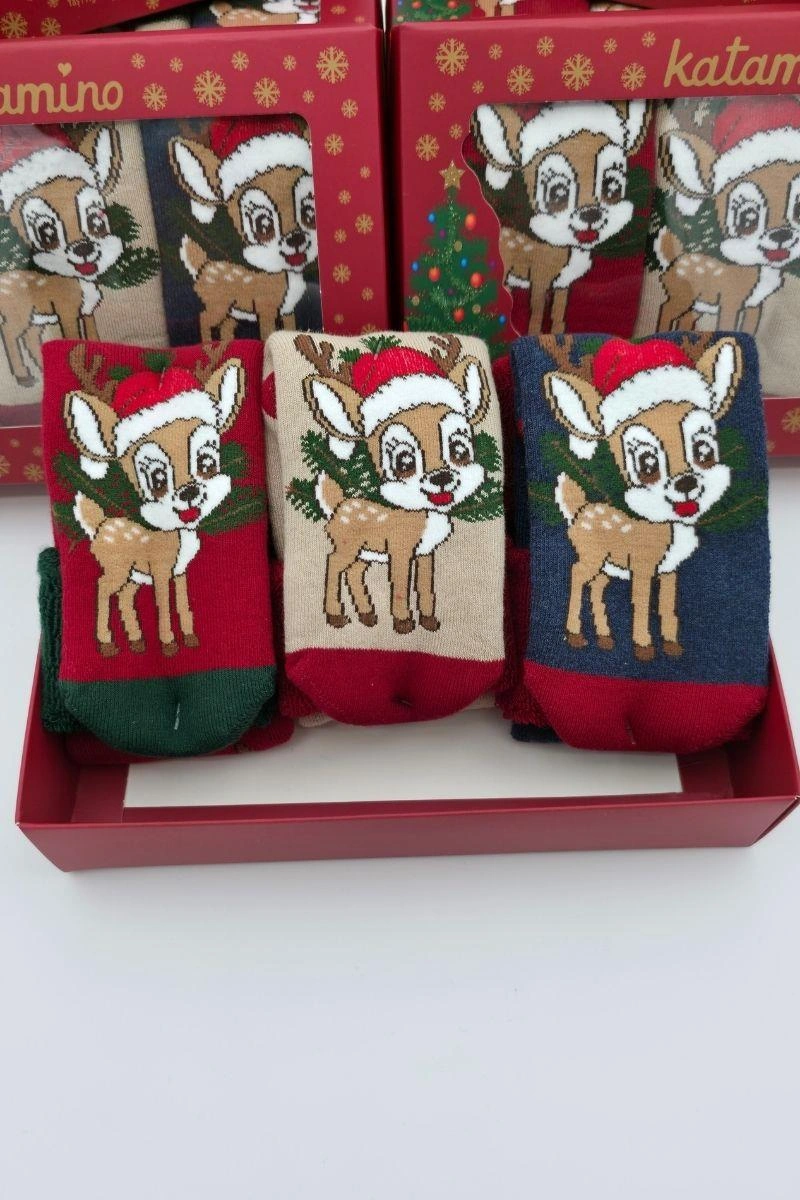 Katamino 3 Çift Unisex Kutulu Yılbaşı Hediyelik Yeniyıl Temalı Çocuk Soket Havlu Çorap