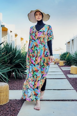 Remsa Mayo Remsa Tesettür Mayo Üzerine Desenli Tek Kaftan Pareo 430-308 Turuncu Turuncu
