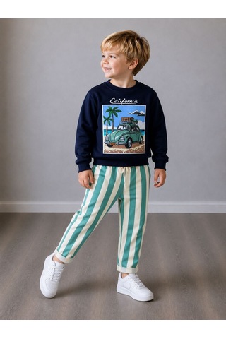California Nostaljik Araba Baskılı Lacivert Sweatshirt&eşofman Takımı Erkek Çocuk Mint Yeşili