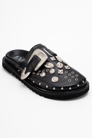 Luvishoes Luvi Shoes Maril Siyah Cilt Hakiki Deri Kemerli Tokalı Burnu Kapalı Kadın Terlik Siyah