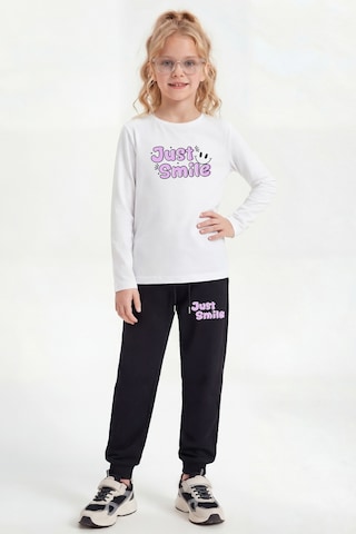 Panios Kids 3'lü Yuvarlak Yaka Sweatshirt Siyah Eşofmanlı Baskı Detaylı 6 Parça Kız Çocuk Alt Üst Takım Beyaz - Sarı