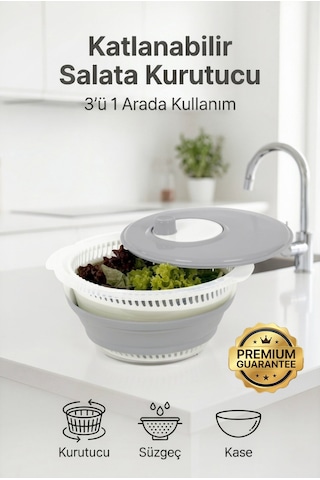 Katlanabilir Salata Kurutucu - Süzgeç Ve Kase Seti - 3 Ü 1 Arada 4.5 Litre Gri