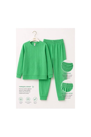 H&c Coolboy H&c Kız Çocuk Pijama Takımı Jakarlı Uzun Kollu Üst Ve Lastikli Alt 2 Li Takım Yeşil