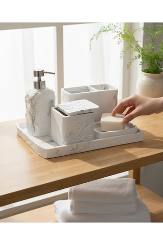 5 Parça Lüx Laduree Stonea Beyaz Silver Tepsili Banyo Seti-5651