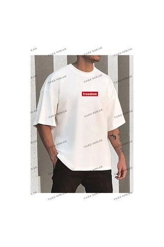 Startmore Unisex Kadın/erkek Freedom Renkli Özel Baskılı Oversize Penye Beyaz