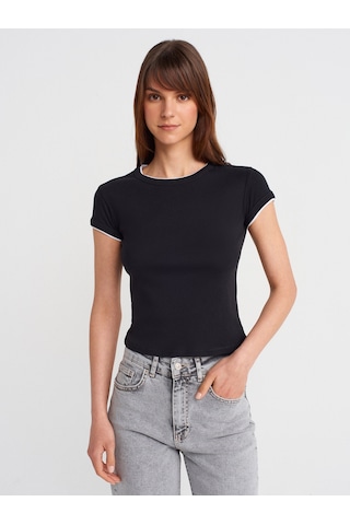 Dilvin 31750 Kontrast Kısa Kollu Tshirt-siyah Siyah