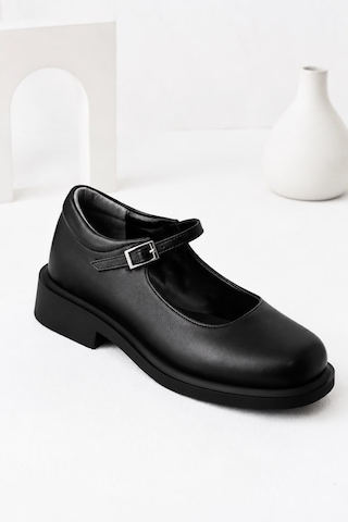 Dabab Shoes Berlın Kadın Siyah Cilt Mary Jane Yuvarlak Burun 2 Cm Kalın Taban Tokalı Babet Loafer Ayakkabı