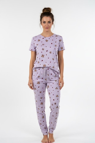 Kompedan Kadın Bisiklet Yaka Yumuşak Dokulu Ayıcık Desenli Kısa Kol Pijama Takım Lila 70132-4752