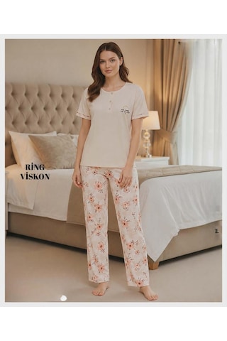 Mihra Kadın Ring Viskon Düğmeli Yaka Kısa Kol Likralı Pijama Takımı 40112b - 1 Adet Bej
