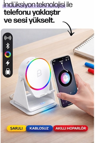 5w İndüksiyonlu Bluetooth Hoparlör 2000mah Rgb Işıklı Standlı Telefon Ses Yükseltici Speaker Güçlü