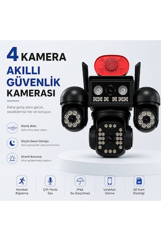 Uninet Aov Teknolojili 4g Solar Güvenlik Kamerası Düşük Güç Tüketimi, Kesintisiz Izleme Ve Anlık Kayıt 4 Kameralı 3 Kamerası Dönebilen Ptz + 1 Sabit Lens, Gece Görüşü Ve Siren