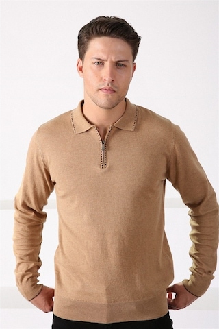 Ferraro Camel Polo Yaka Fermuarlı Erkek Pamuk Kazak Camel
