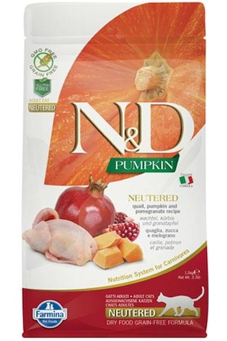 N&D Pumpkin Tahılsız Bal Kabaklı Bıldırcınlı ve Narlı Kısırlaştırılmış Yetişkin Kedi Maması 1500 G N&D Pumpkin Tahılsız Bal Kabaklı Bıldırcınlı ve Narlı Kısırlaştırılmış Yetişkin Kedi Maması 1500 G