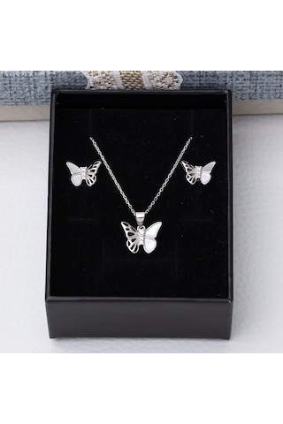 Kelebek Model Sedef Taşlı 925 Ayar Gümüş Kadın 2'li Set Gümüş